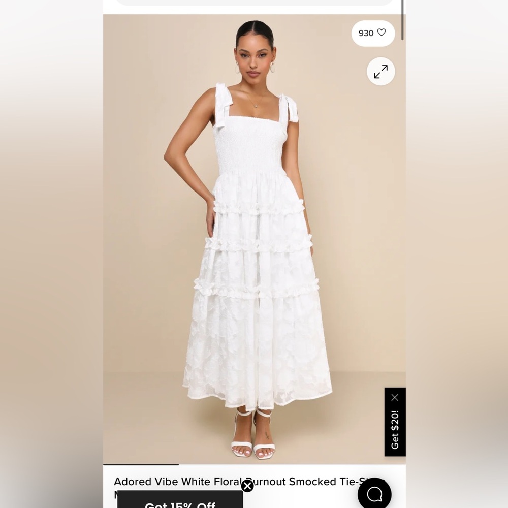 Lulu's White Midi Dress with Tie Straps and Smocked Chest